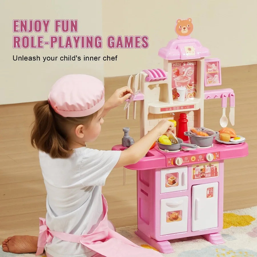 Kitchen Playset Pretend Cooking Play Toy 48 Piece Accessories Pink