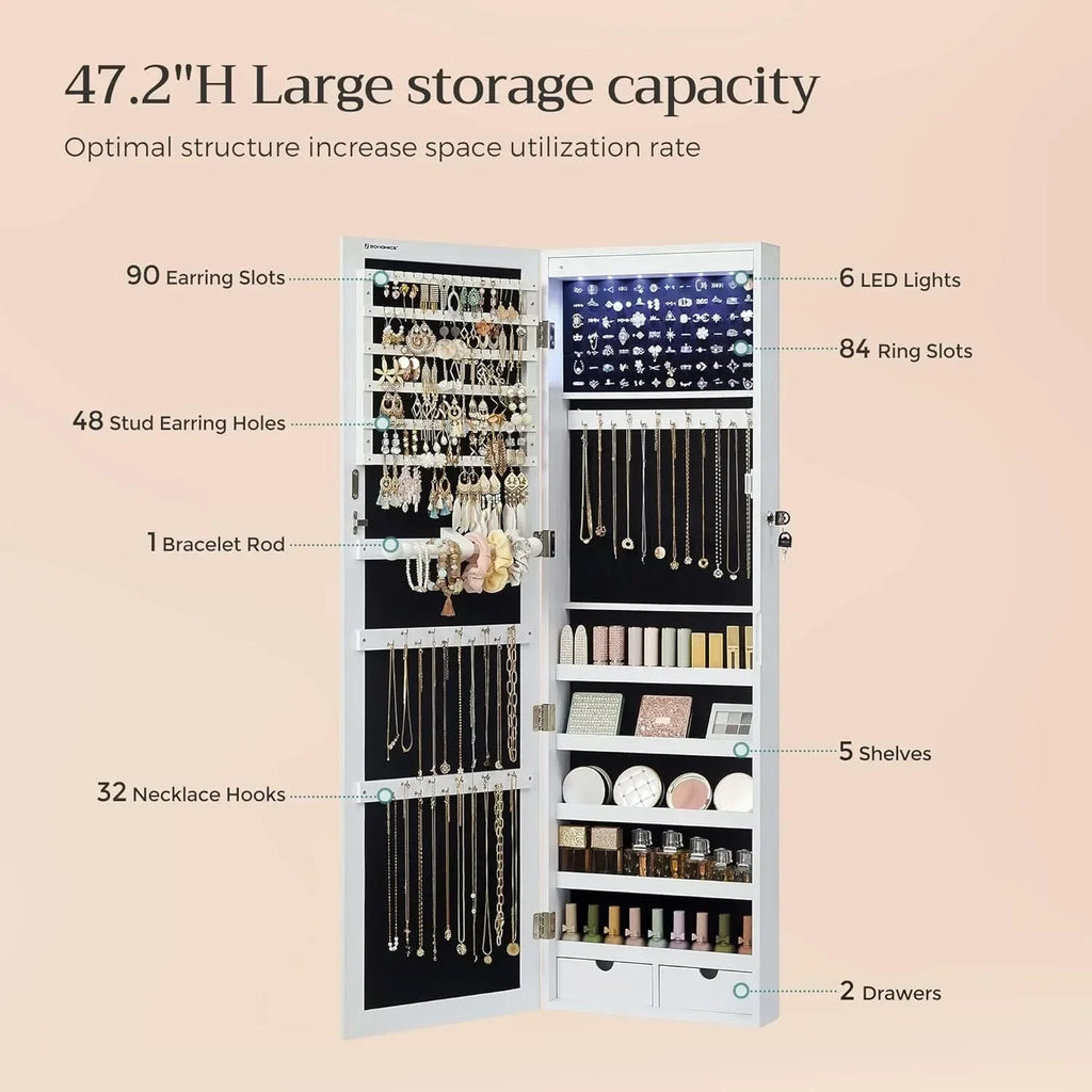 LuxeGlow 6-LED Mirror Jewelry Cabinet with Drawers
