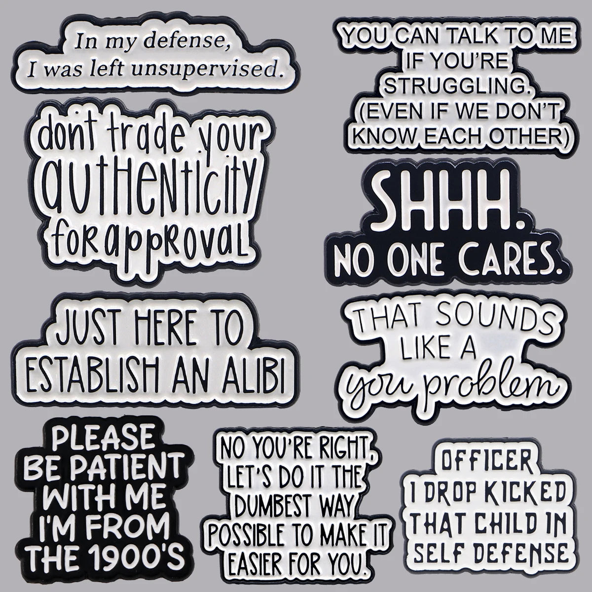 PhrasePins: Cartoon Quote Enamel Brooches & Backpack Badges