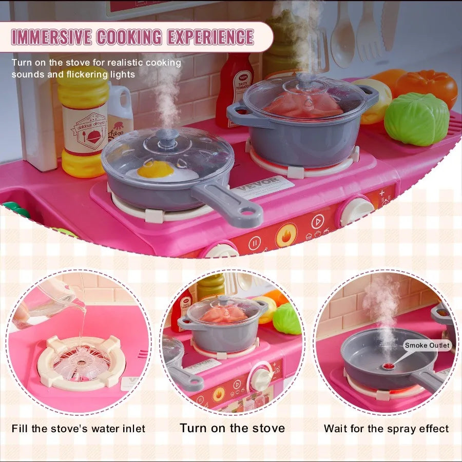 Kitchen Playset Pretend Cooking Play Toy 48 Piece Accessories Pink