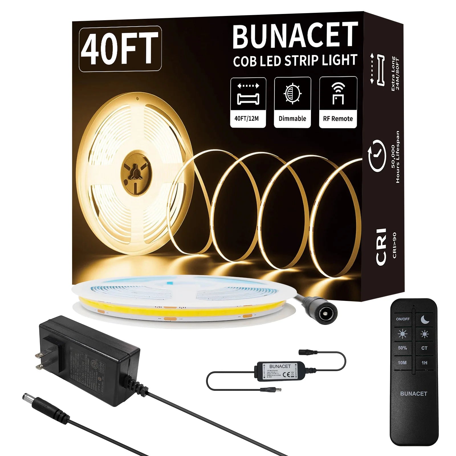COB LED Strip Light 12m/roll Warm White 3000K 65000K High Lumen CRI 90+ with RF Remote for Bedroom Counter Under Cabinet Kitchen