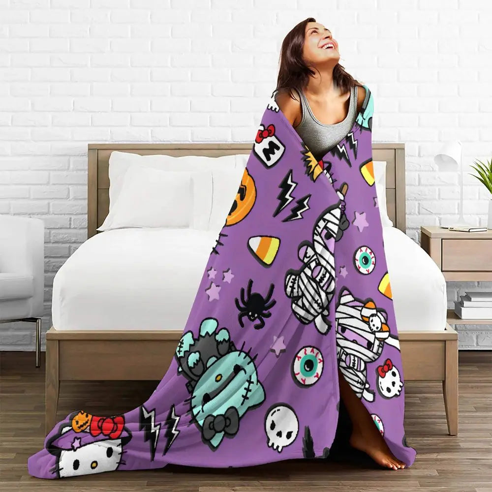 Hello Kitty Halloween Holiday 2024 Blankets Warm Fashion Plush Throw Blanket For Home Decor Camping Flannel Bedspread Bed Cover