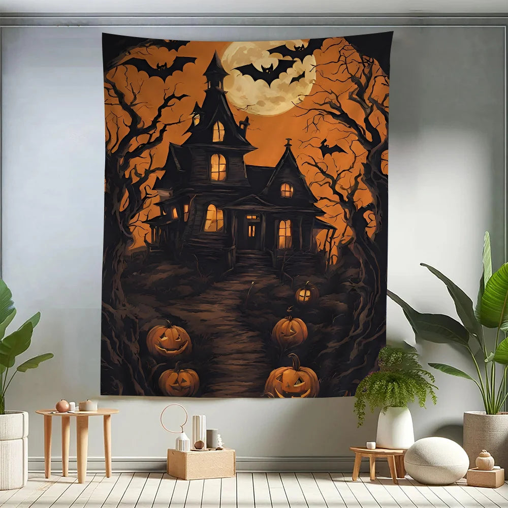 VIKAMA Spooky Castle & Cat Halloween Wall Tapestry