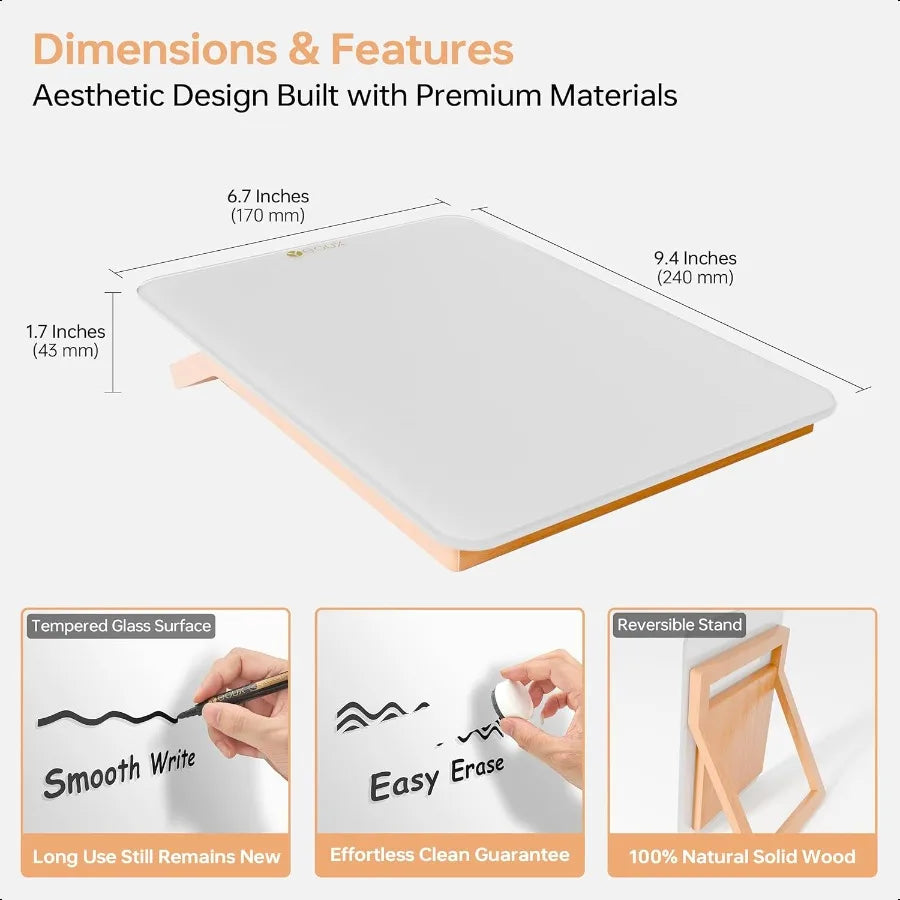 Reversible Glass Mini Desk Board with Wood Stand
