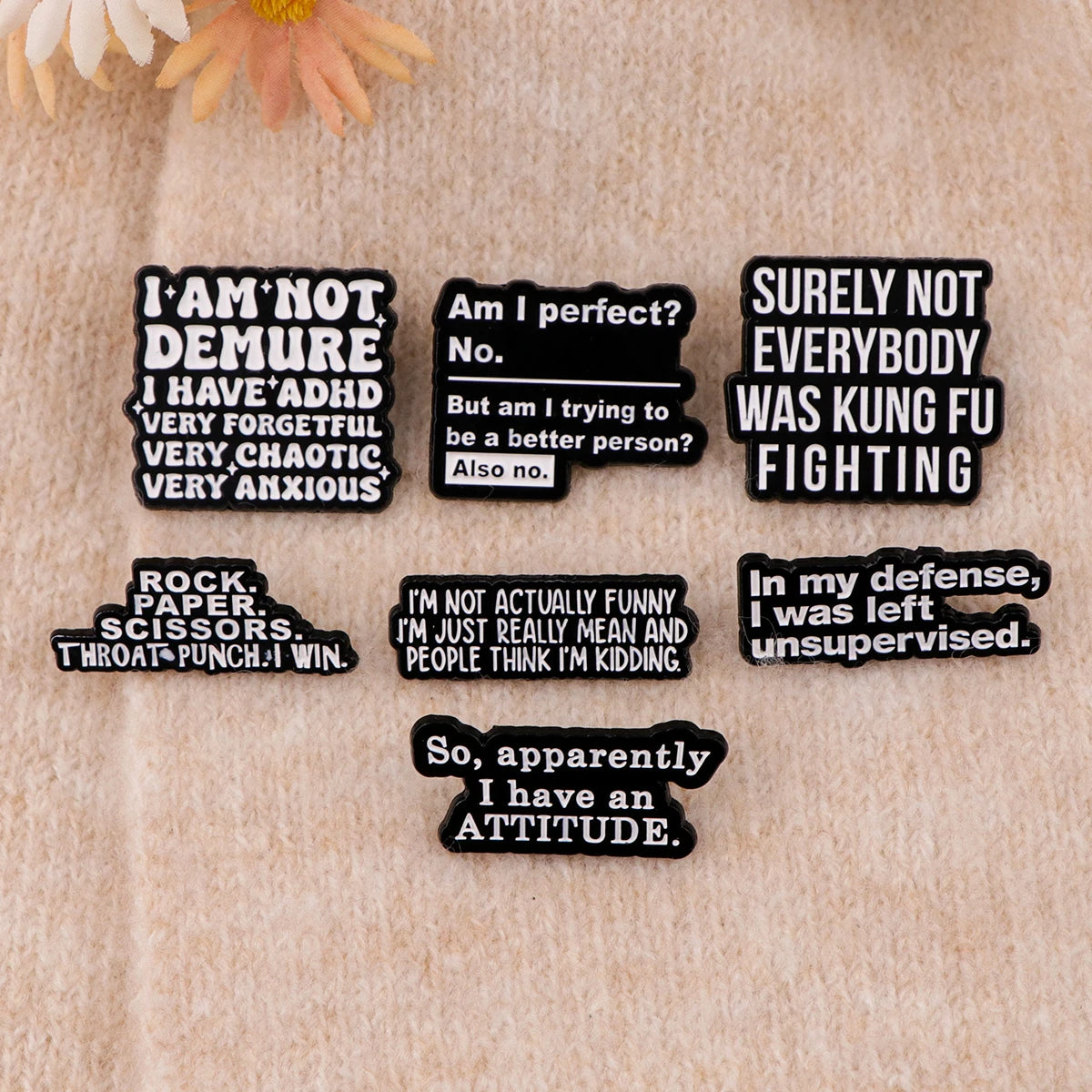 SkeleQuip: Witty Phrase Enamel Pins & Brooches