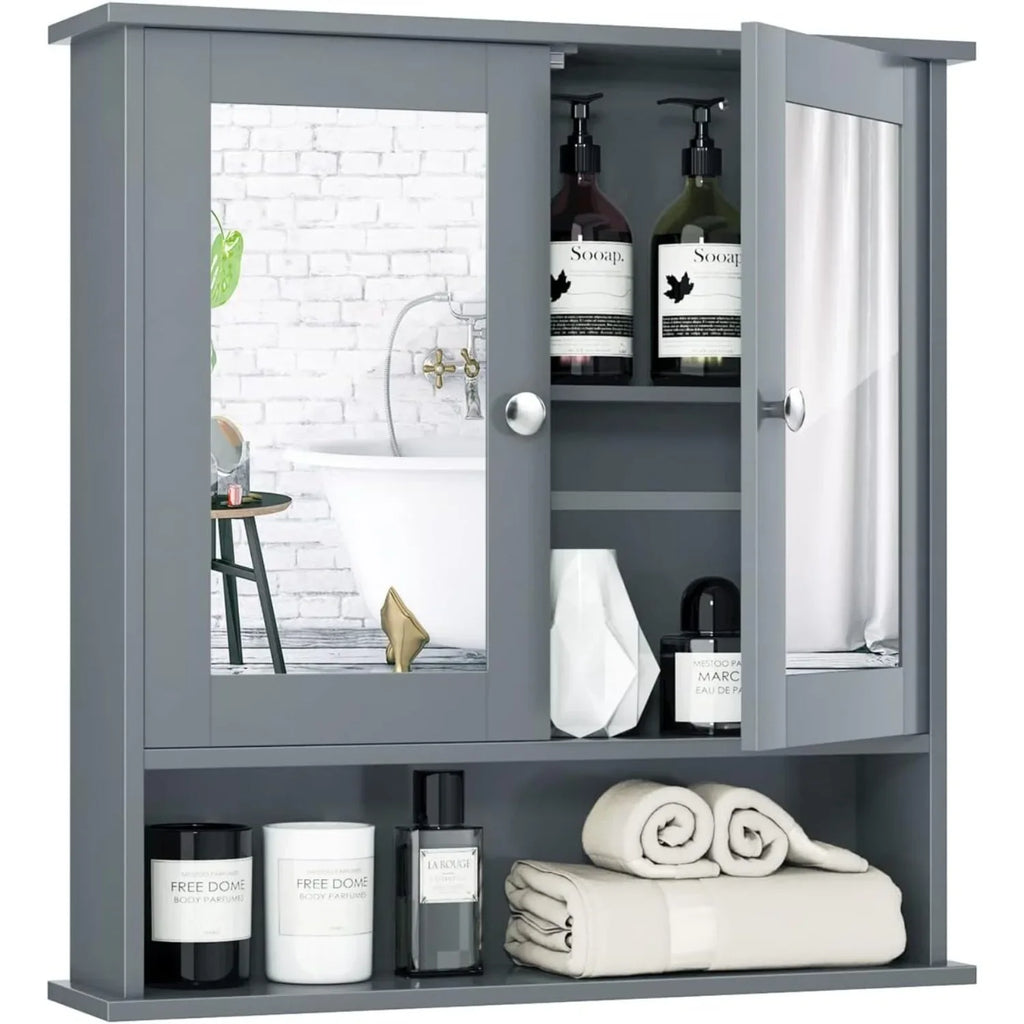 Dual Mirror Wall Cabinet Organizer – Wooden Bathroom Storage