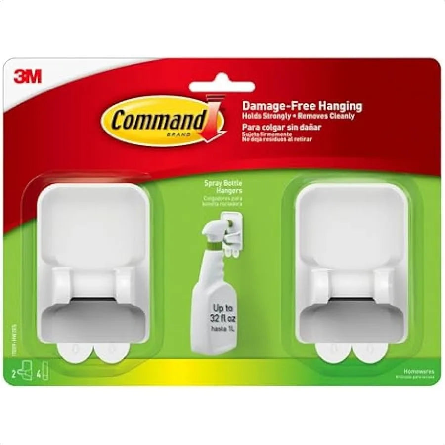 Spray Bottle Hangers Holds up to 32 fl oz 2 Hangers with 4 Strips Damage Free Spray Bottle Holder Wall Mount to Cabinet Kitchen