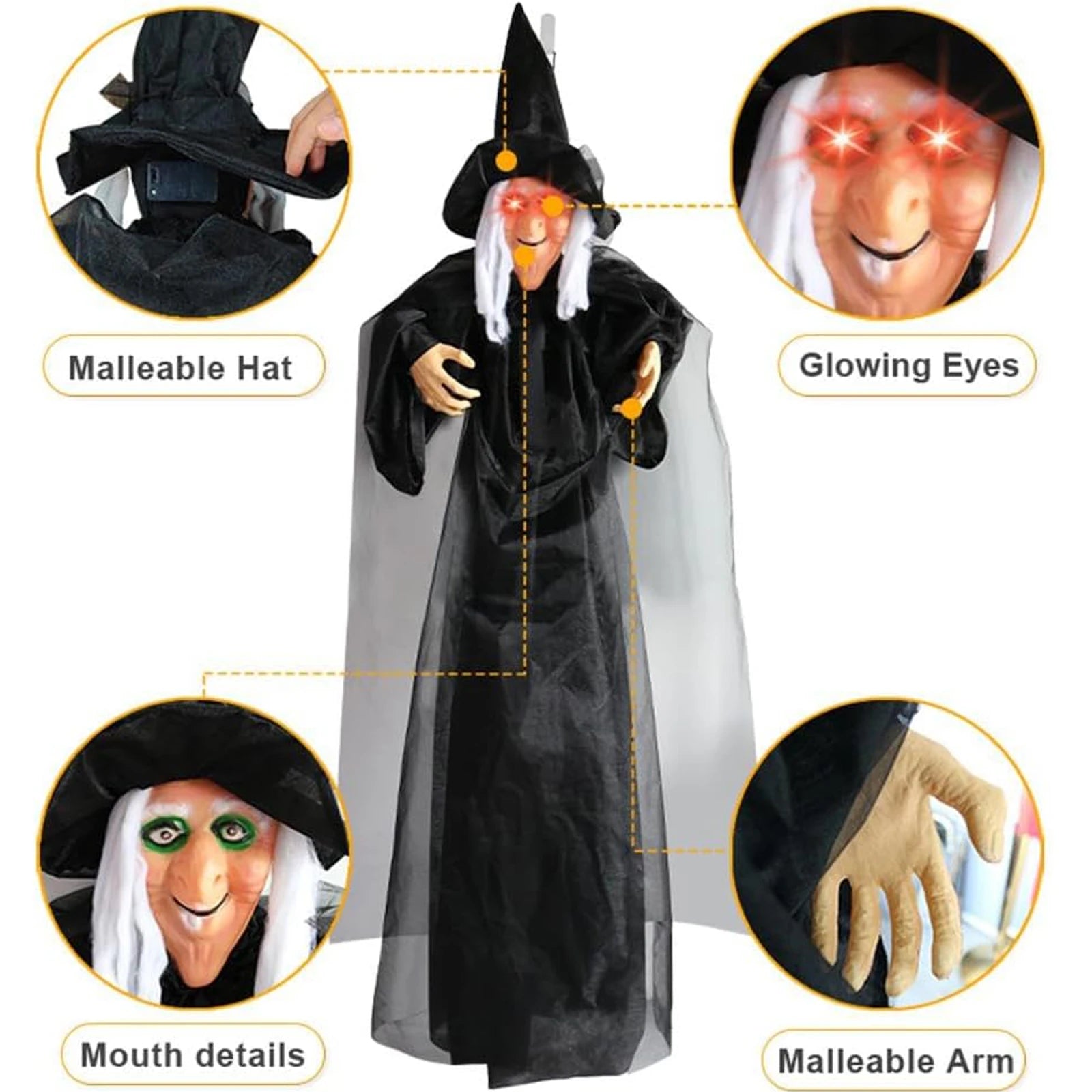 7 Styles Hot Halloween Electronic Witch Decor, Life-size Hanging Witch Halloween Decor, Scary Flying Electronic Witch For Decor