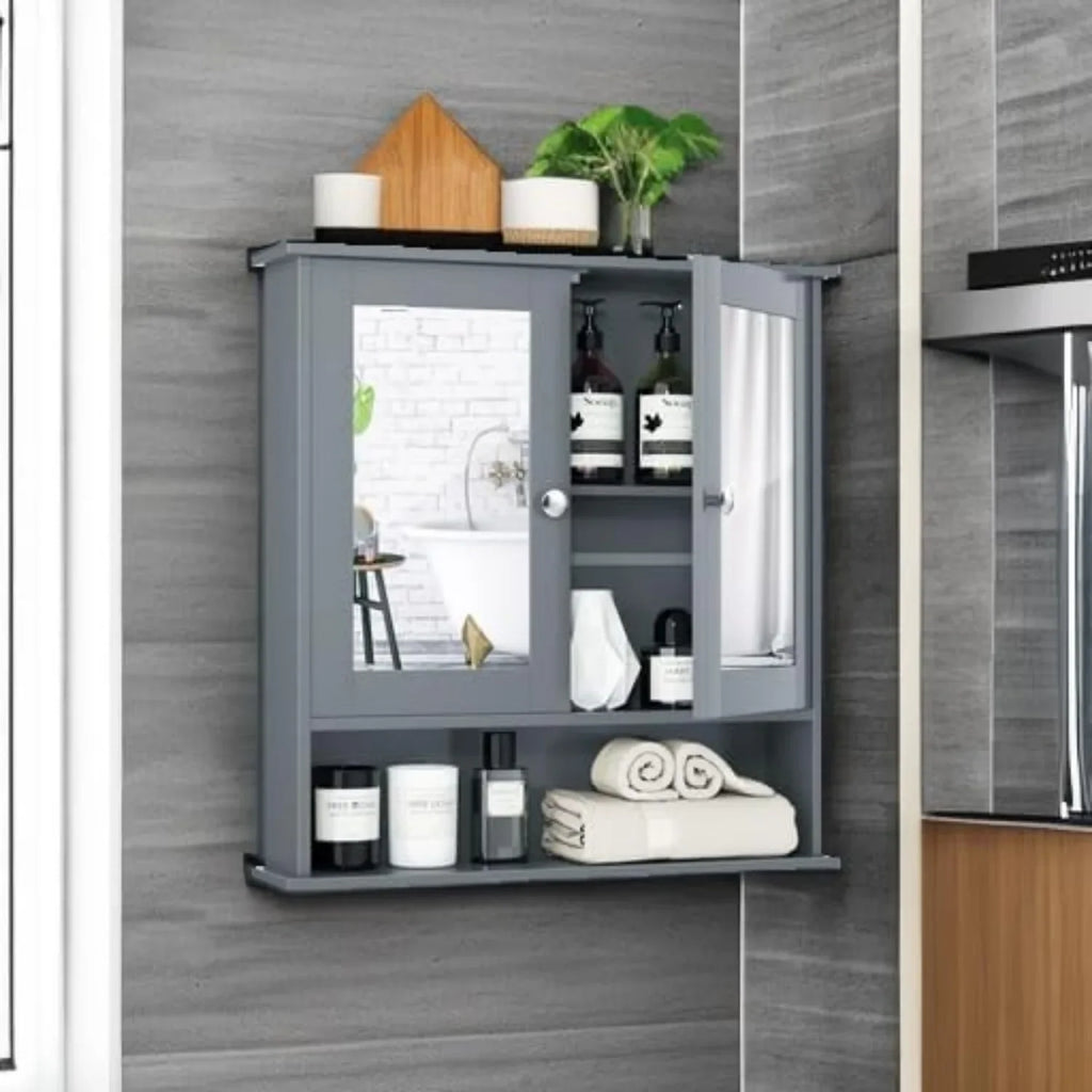 Dual Mirror Wall Cabinet Organizer – Wooden Bathroom Storage