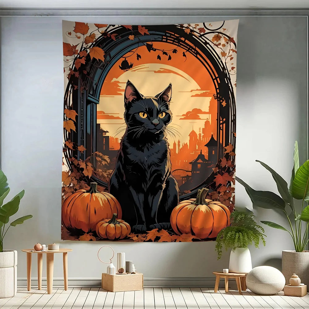 VIKAMA Spooky Castle & Cat Halloween Wall Tapestry