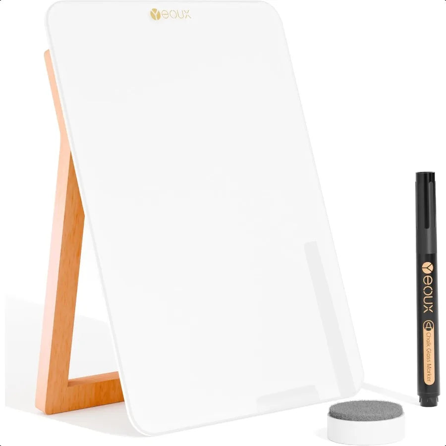 Reversible Glass Mini Desk Board with Wood Stand