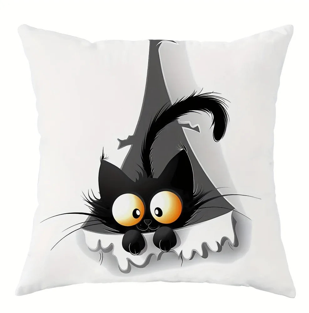 Spooky Black Cat Halloween Throw Pillow Cover