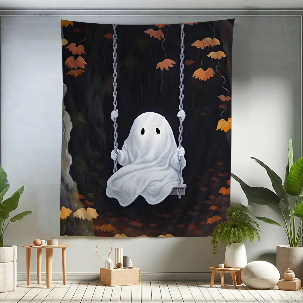 VIKAMA Spooky Castle & Cat Halloween Wall Tapestry