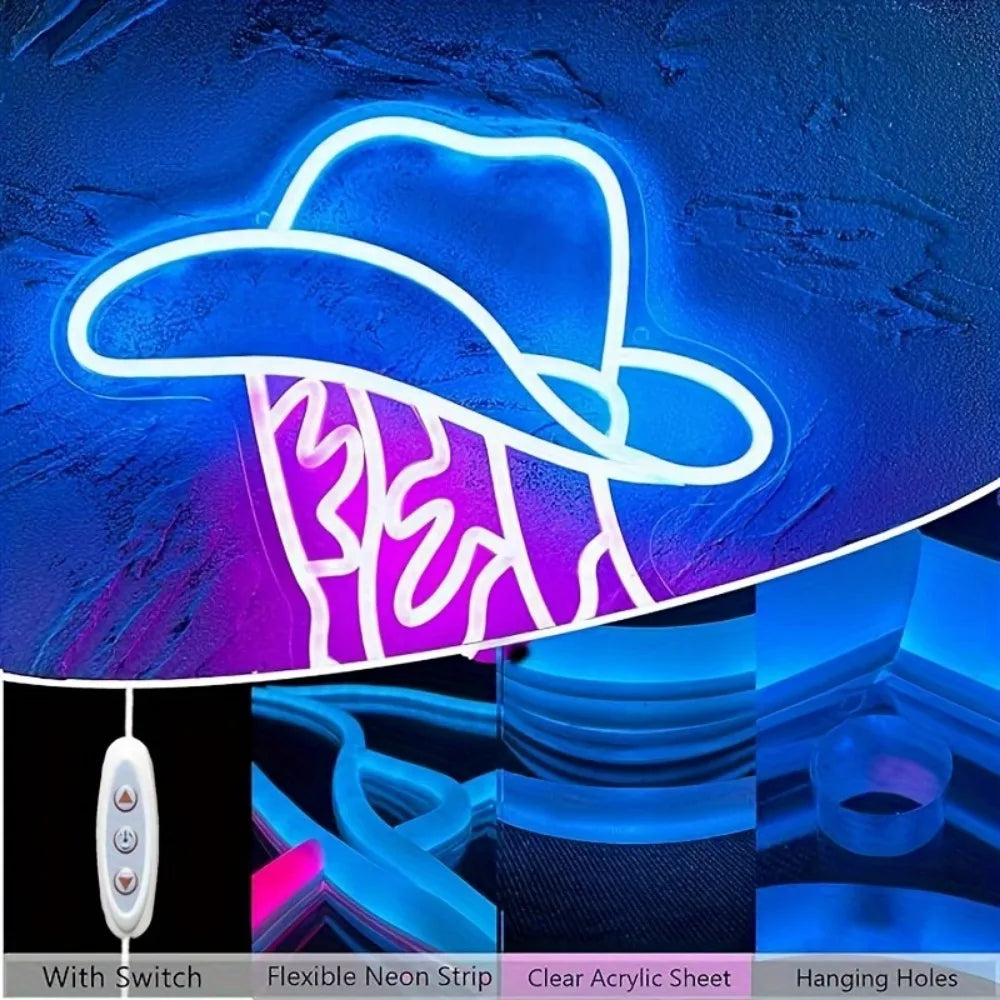 Neon Cowboy Boots & Hats LED Party Wall Sign Décor