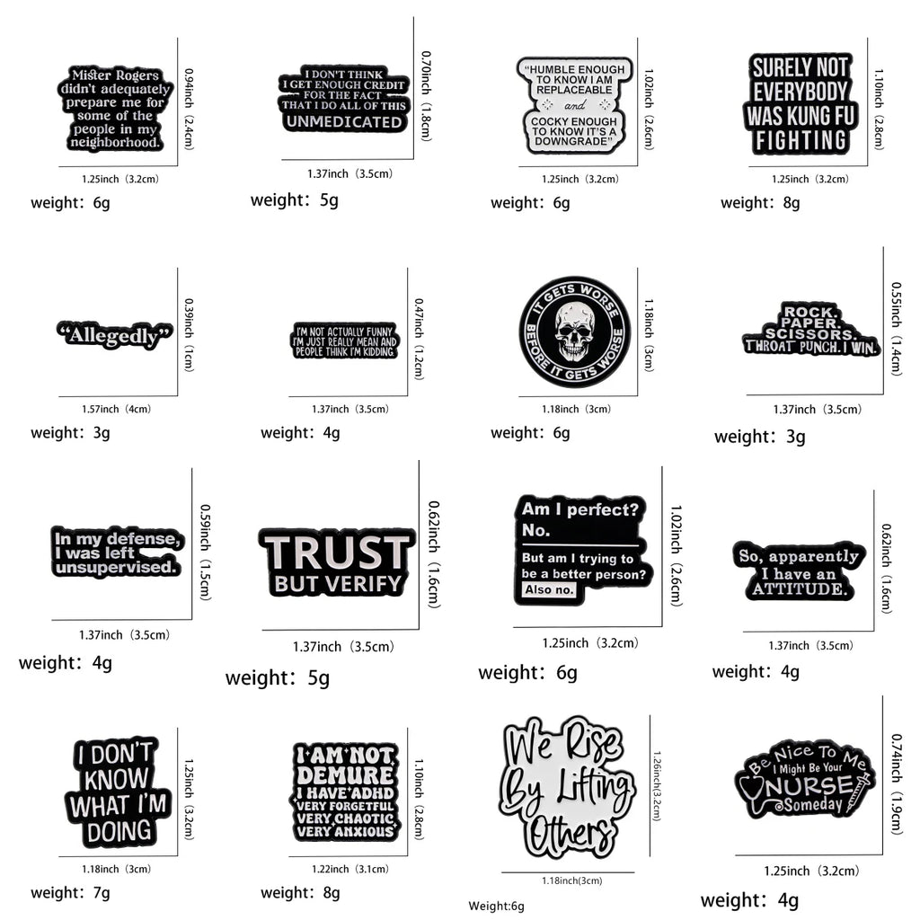 SkeleQuip: Witty Phrase Enamel Pins & Brooches