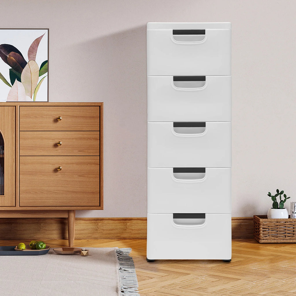 Rollable 5-Drawer Plastic Dresser Storage Tower Unit