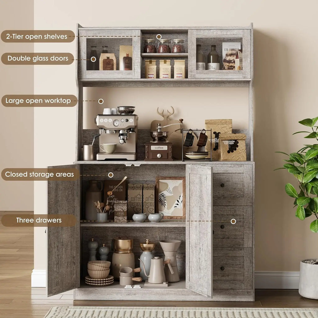 67"Tall Kitchen Pantry Cabinet Buffet Cabinet Sideboard Storage Hutch Cabinet with Drawers & Adjustable Shelves for Dining Room