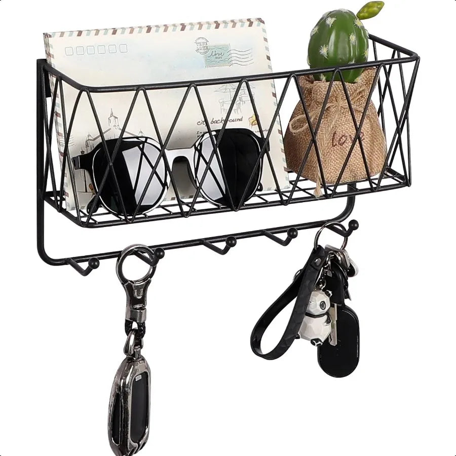 Mesh Mail & Key Rack – Wall Mount Basket with 5 Hooks