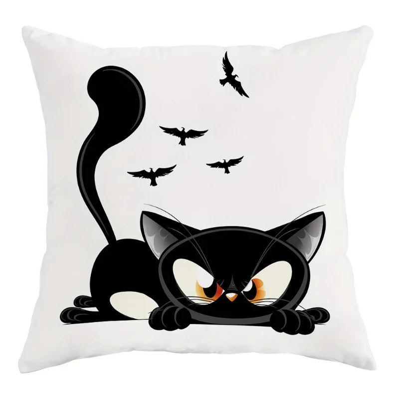 Spooky Black Cat Halloween Throw Pillow Cover