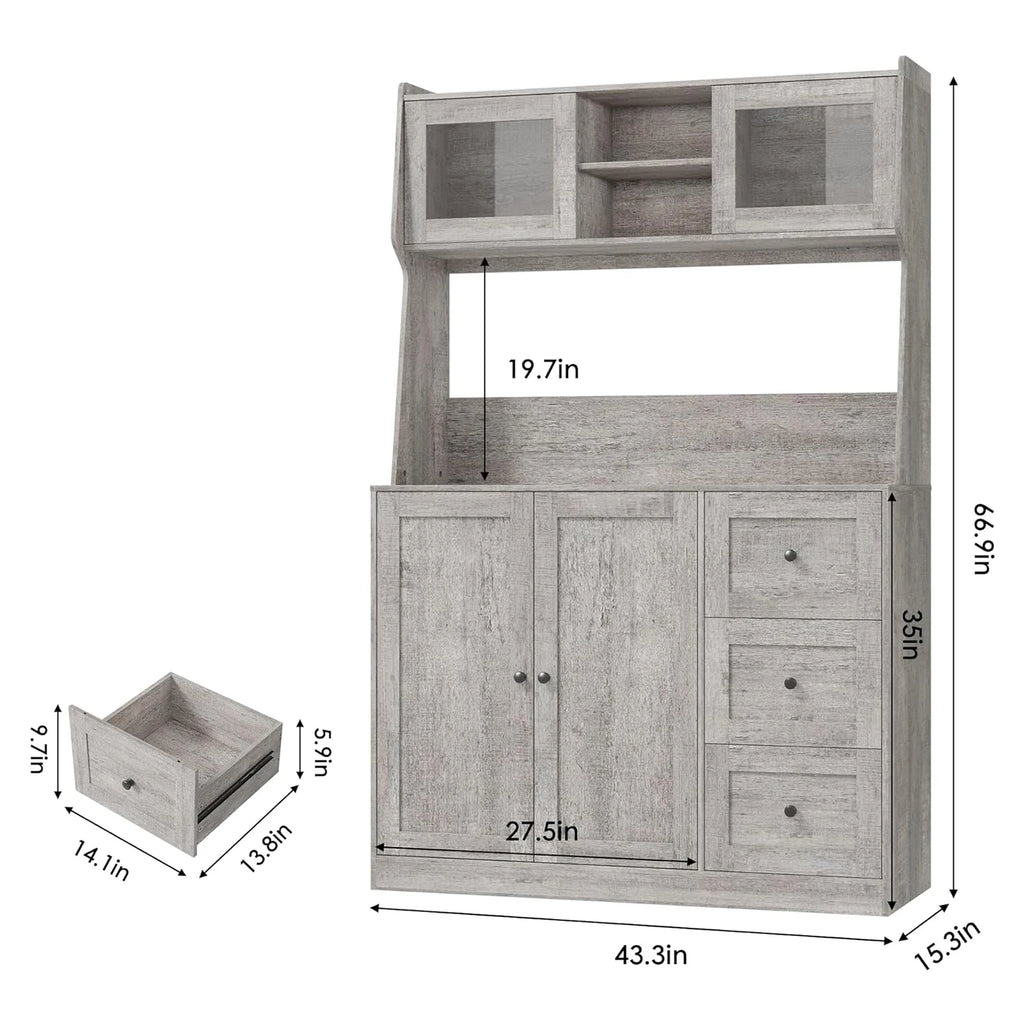 67"Tall Kitchen Pantry Cabinet Buffet Cabinet Sideboard Storage Hutch Cabinet with Drawers & Adjustable Shelves for Dining Room