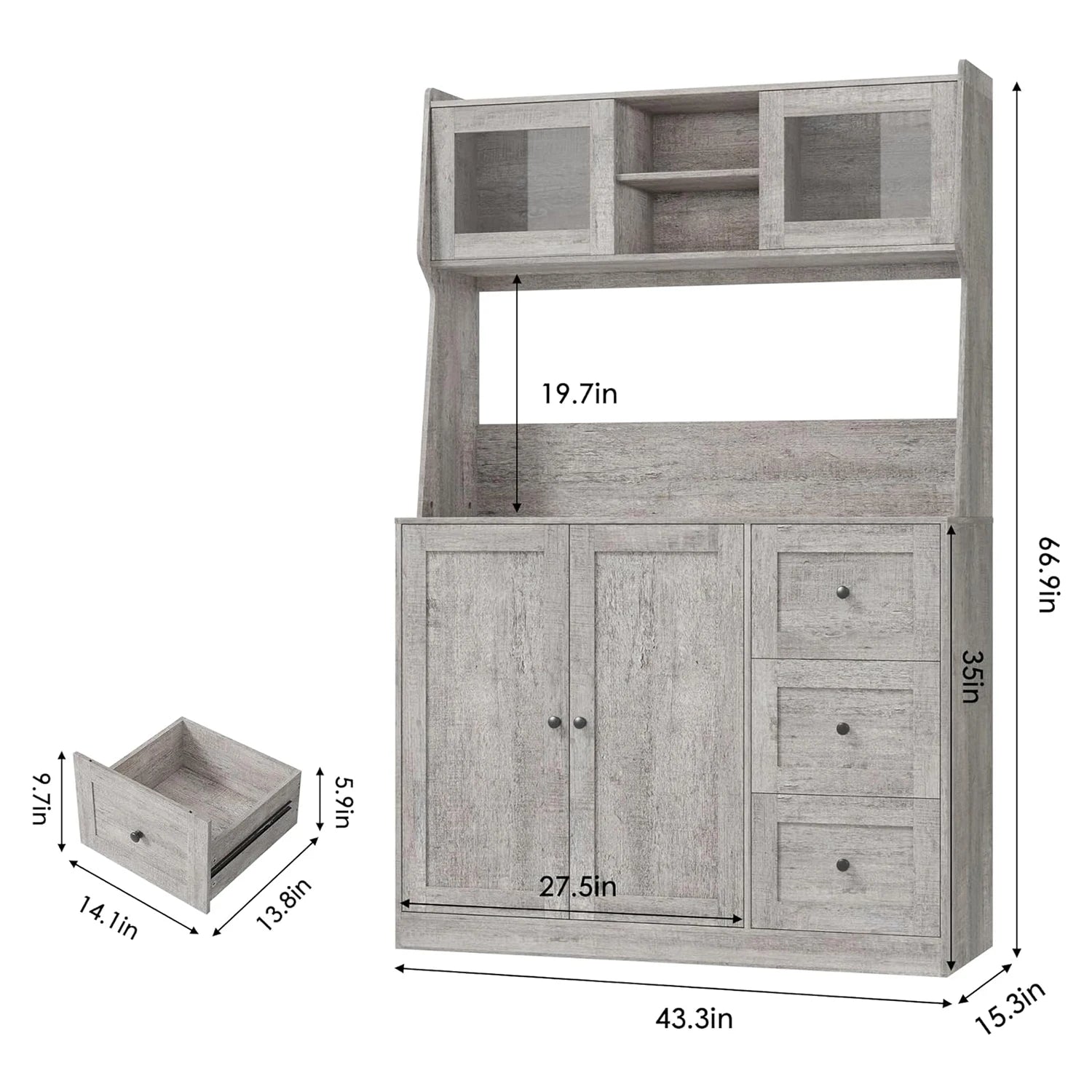 67"Tall Kitchen Pantry Cabinet Buffet Cabinet Sideboard Storage Hutch Cabinet with Drawers & Adjustable Shelves for Dining Room