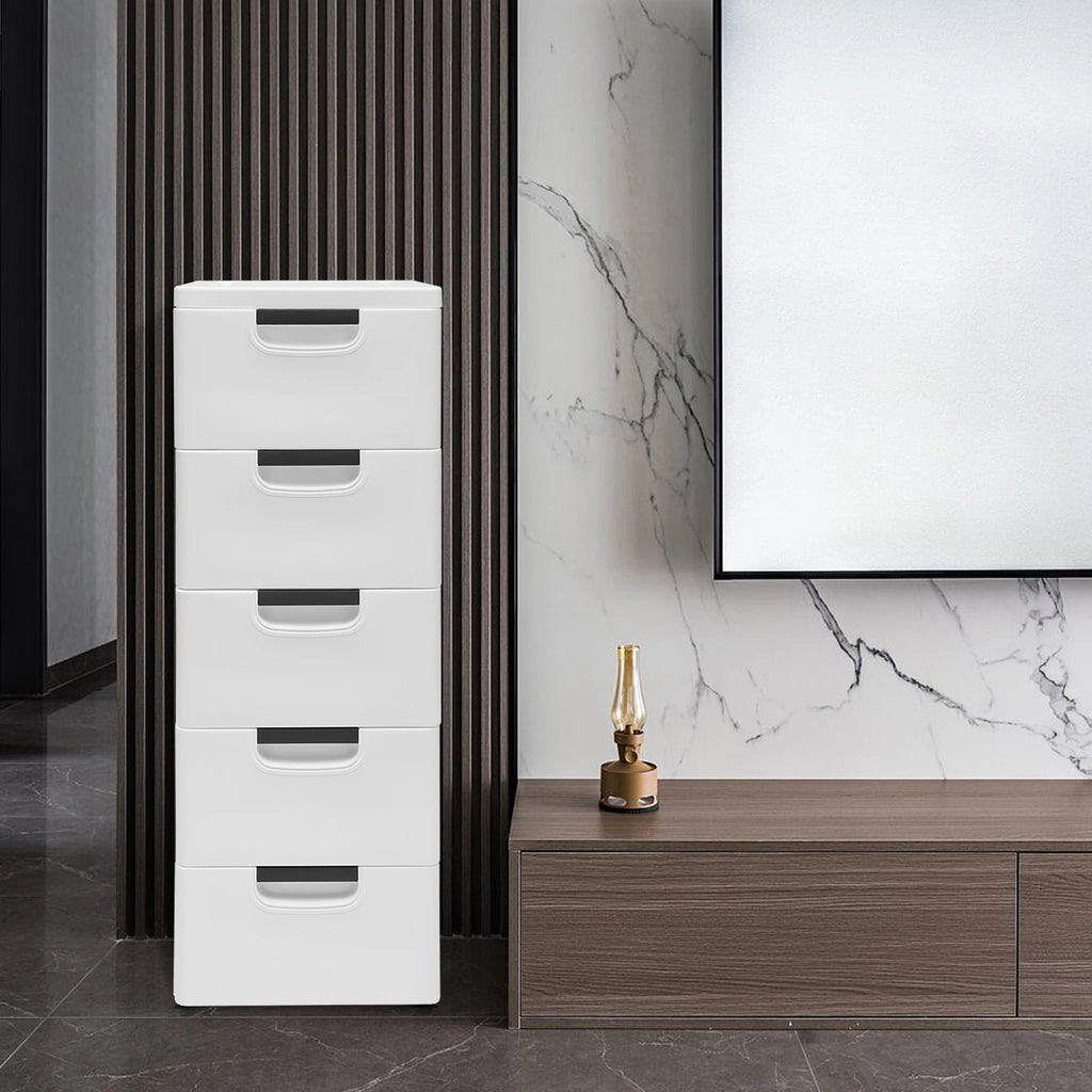 Rollable 5-Drawer Plastic Dresser Storage Tower Unit