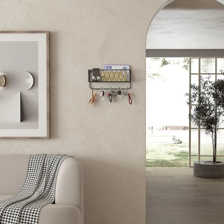 Mesh Mail & Key Rack – Wall Mount Basket with 5 Hooks