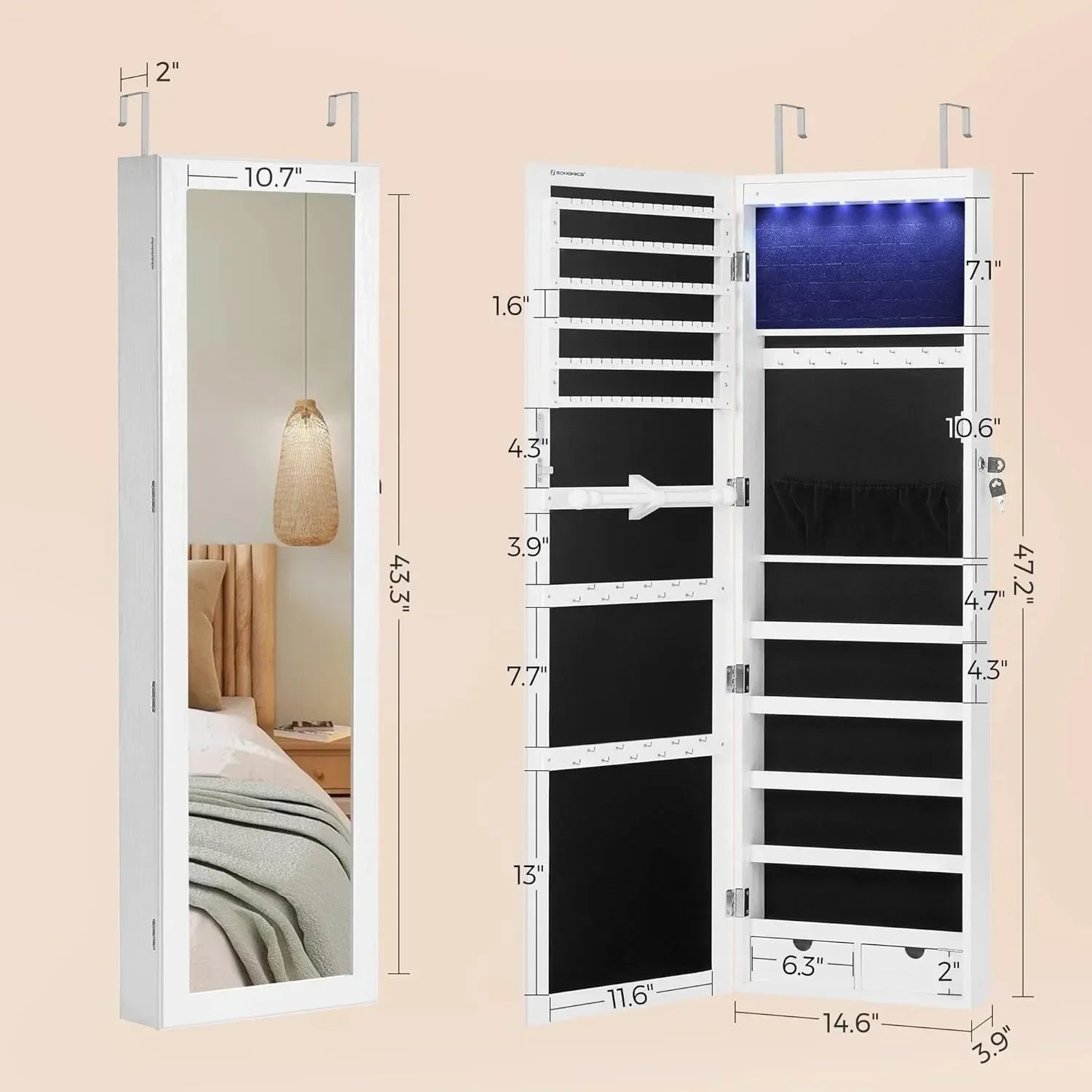 LuxeGlow 6-LED Mirror Jewelry Cabinet with Drawers