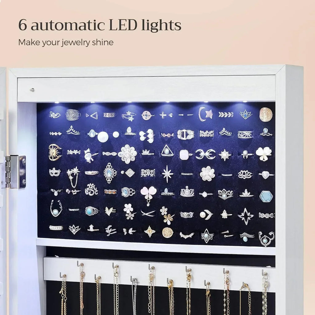 LuxeGlow 6-LED Mirror Jewelry Cabinet with Drawers