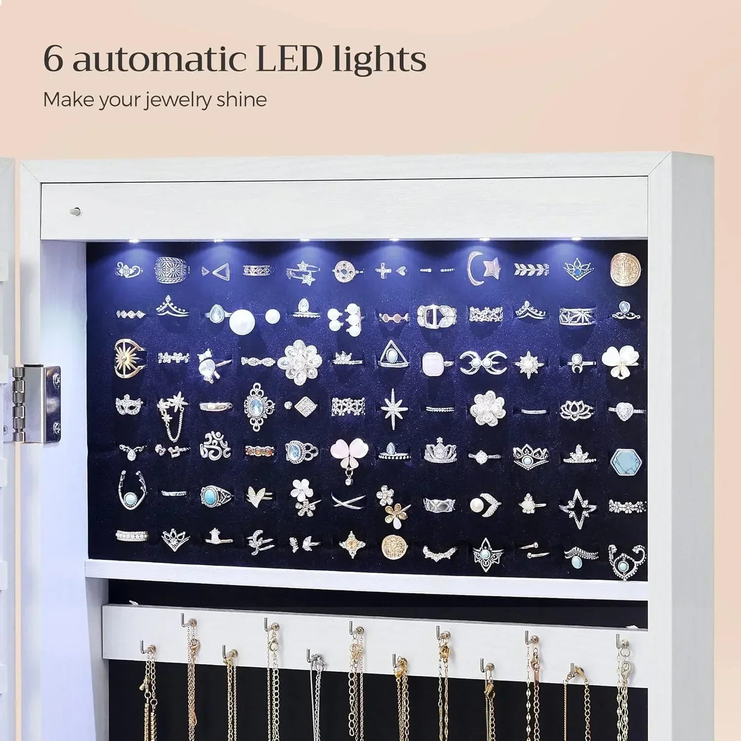 LuxeGlow 6-LED Mirror Jewelry Cabinet with Drawers