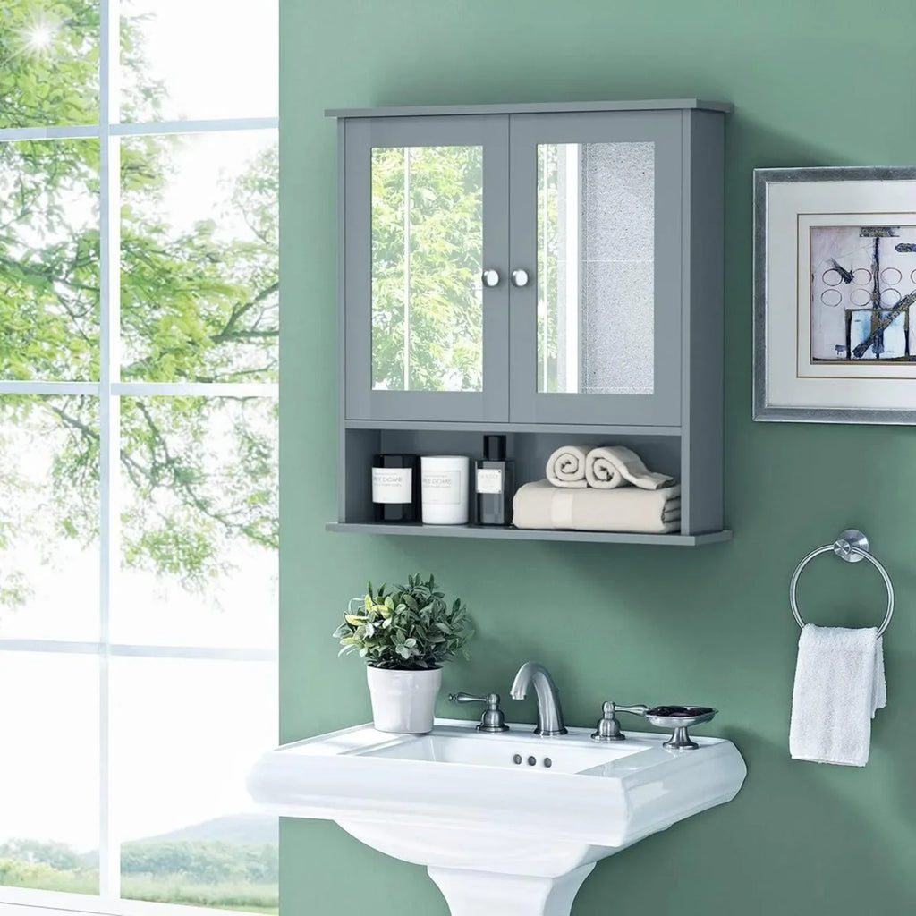 Dual Mirror Wall Cabinet Organizer – Wooden Bathroom Storage