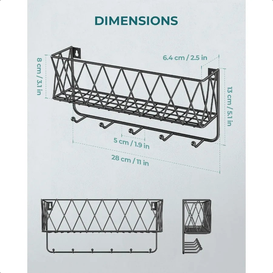 Mesh Mail & Key Rack – Wall Mount Basket with 5 Hooks