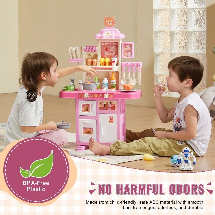 Kitchen Playset Pretend Cooking Play Toy 48 Piece Accessories Pink