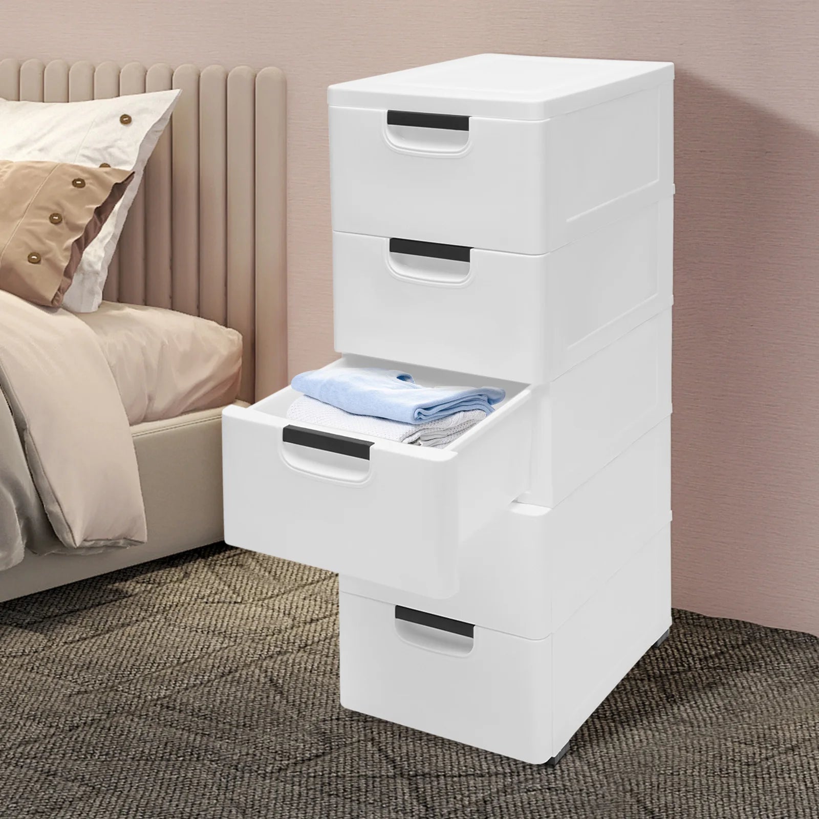 Rollable 5-Drawer Plastic Dresser Storage Tower Unit