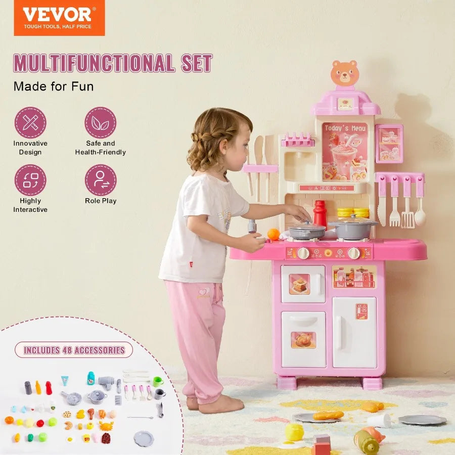 Kitchen Playset Pretend Cooking Play Toy 48 Piece Accessories Pink