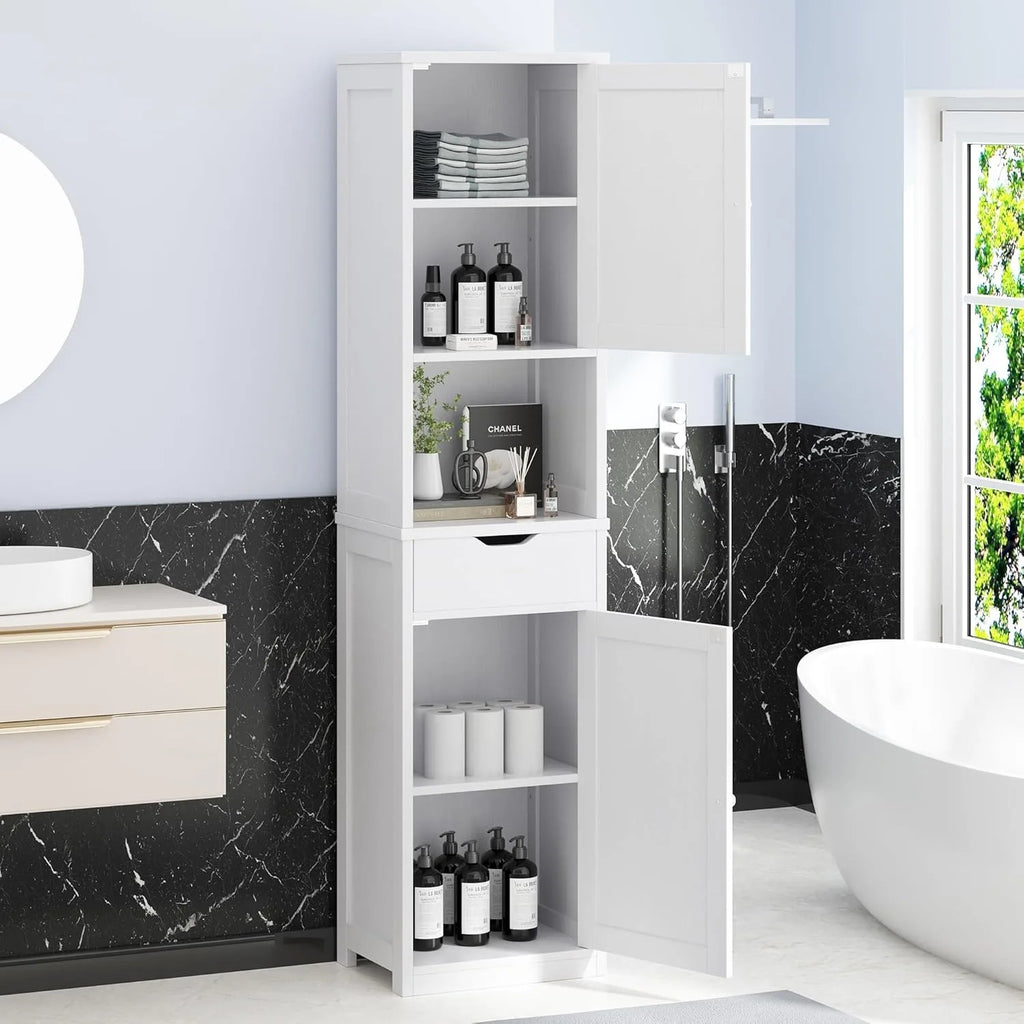 Tall Bathroom Storage Cabinet, 64”H Narrow Storage Unit for Small Spaces, Freestanding Modern Cabinet with Adjustable Shelves