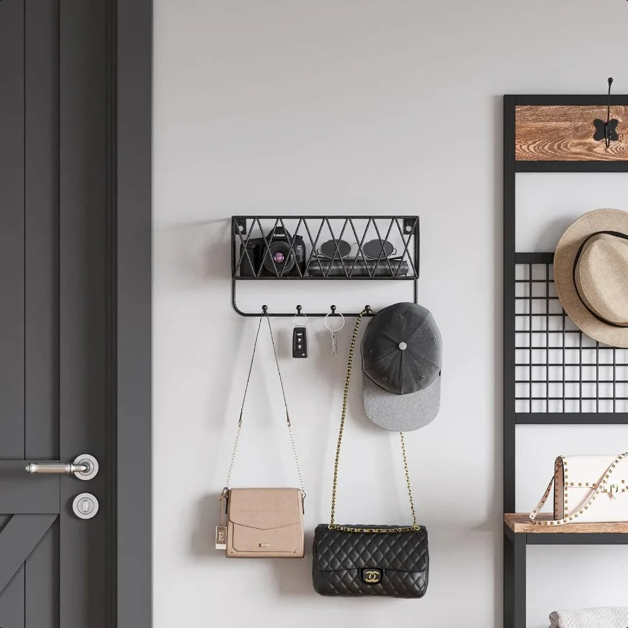 Mesh Mail & Key Rack – Wall Mount Basket with 5 Hooks