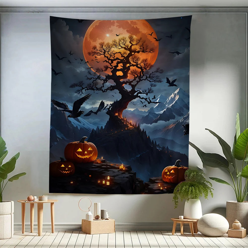 VIKAMA Spooky Castle & Cat Halloween Wall Tapestry