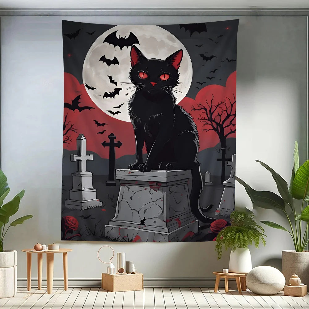 VIKAMA Spooky Castle & Cat Halloween Wall Tapestry