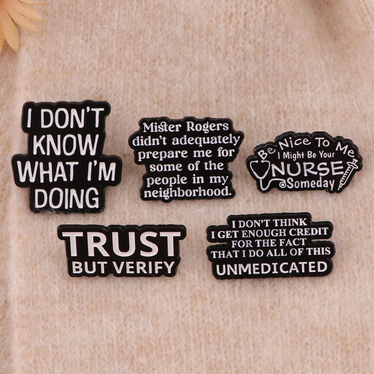 SkeleQuip: Witty Phrase Enamel Pins & Brooches