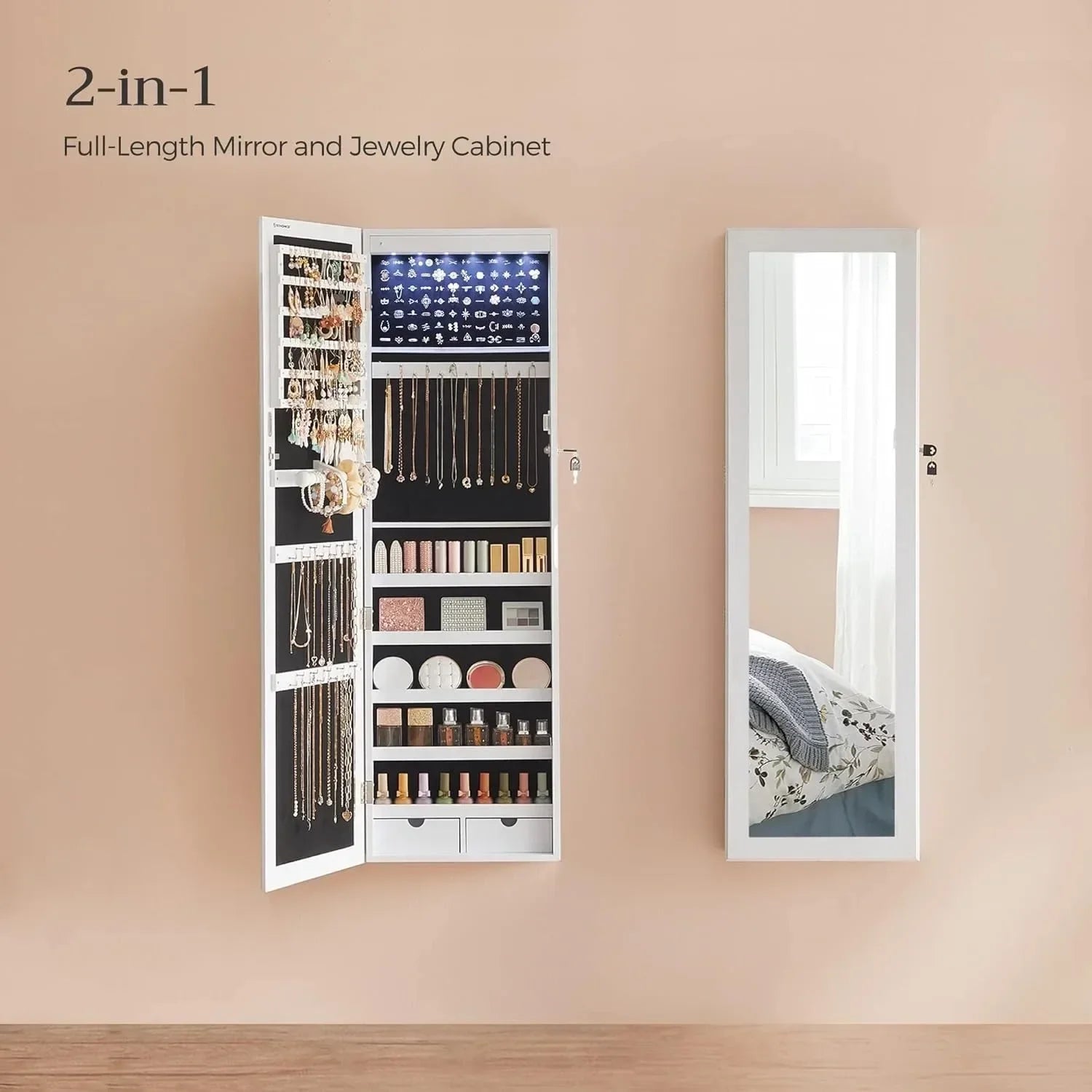 LuxeGlow 6-LED Mirror Jewelry Cabinet with Drawers