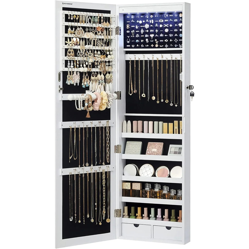 LuxeGlow 6-LED Mirror Jewelry Cabinet with Drawers