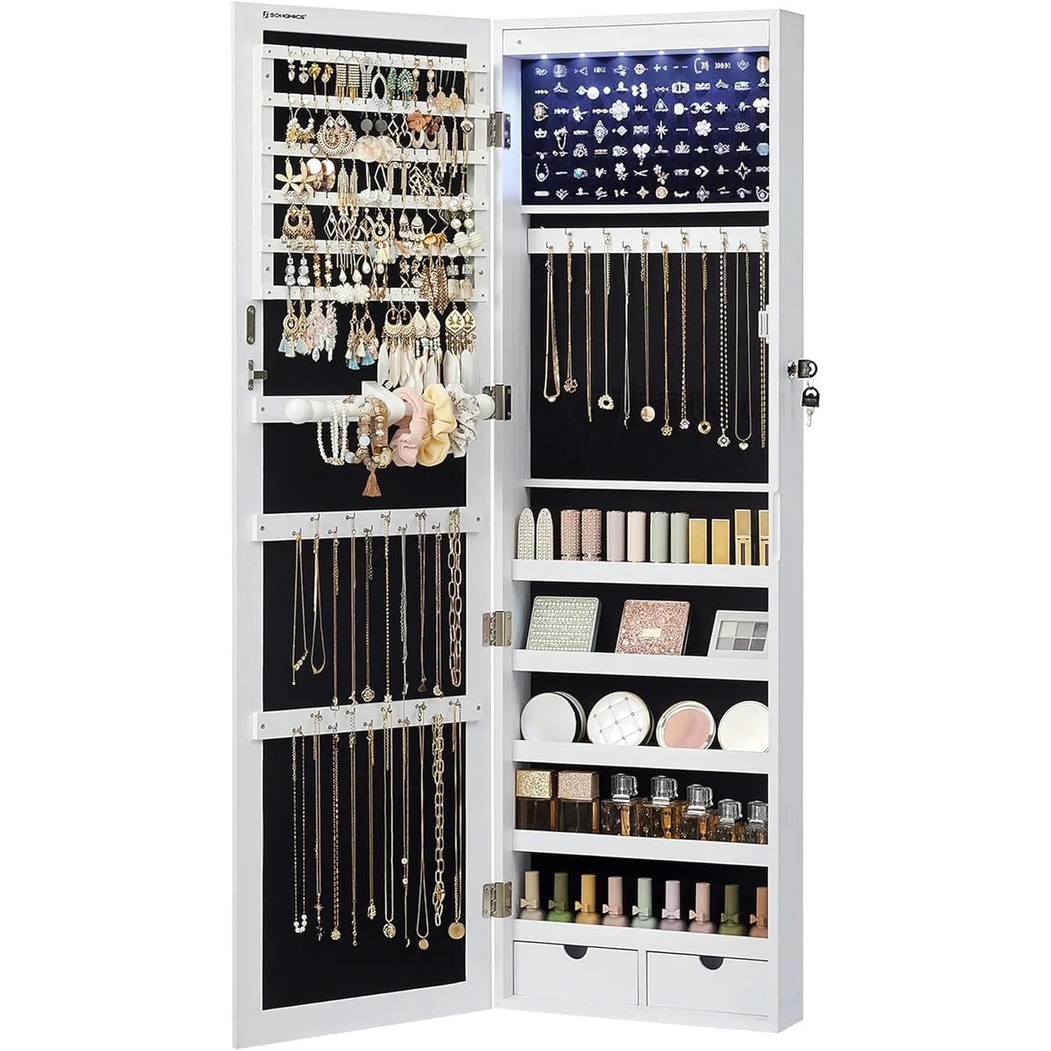 LuxeGlow 6-LED Mirror Jewelry Cabinet with Drawers
