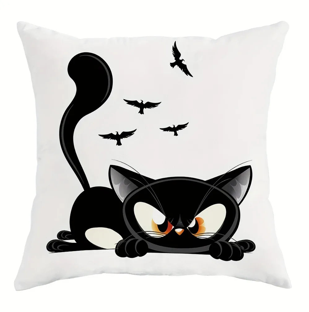 Spooky Black Cat Halloween Throw Pillow Cover