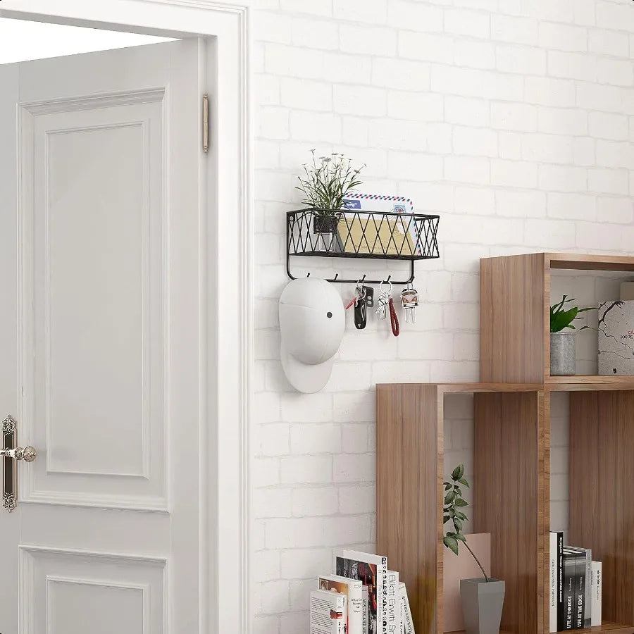 Mesh Mail & Key Rack – Wall Mount Basket with 5 Hooks