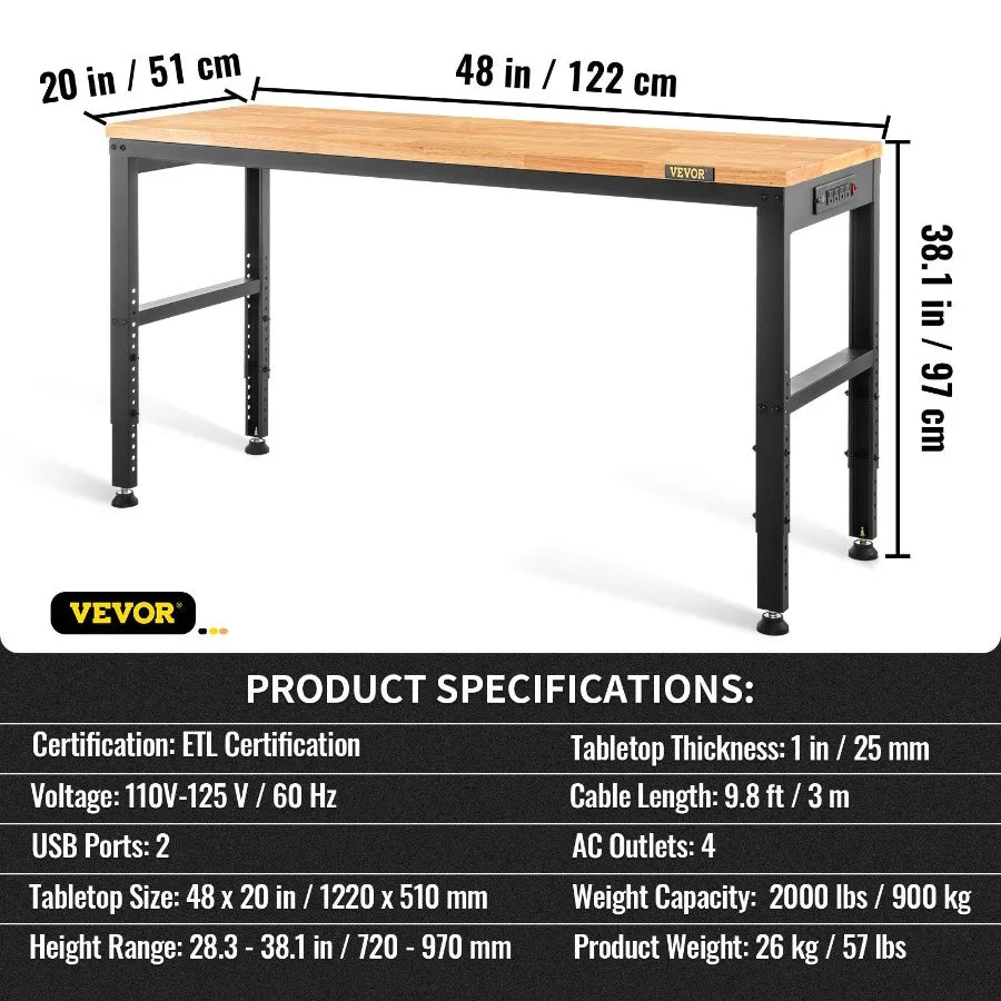 PowerPro Adjustable Garage Workbench, 48x20, 2000lb