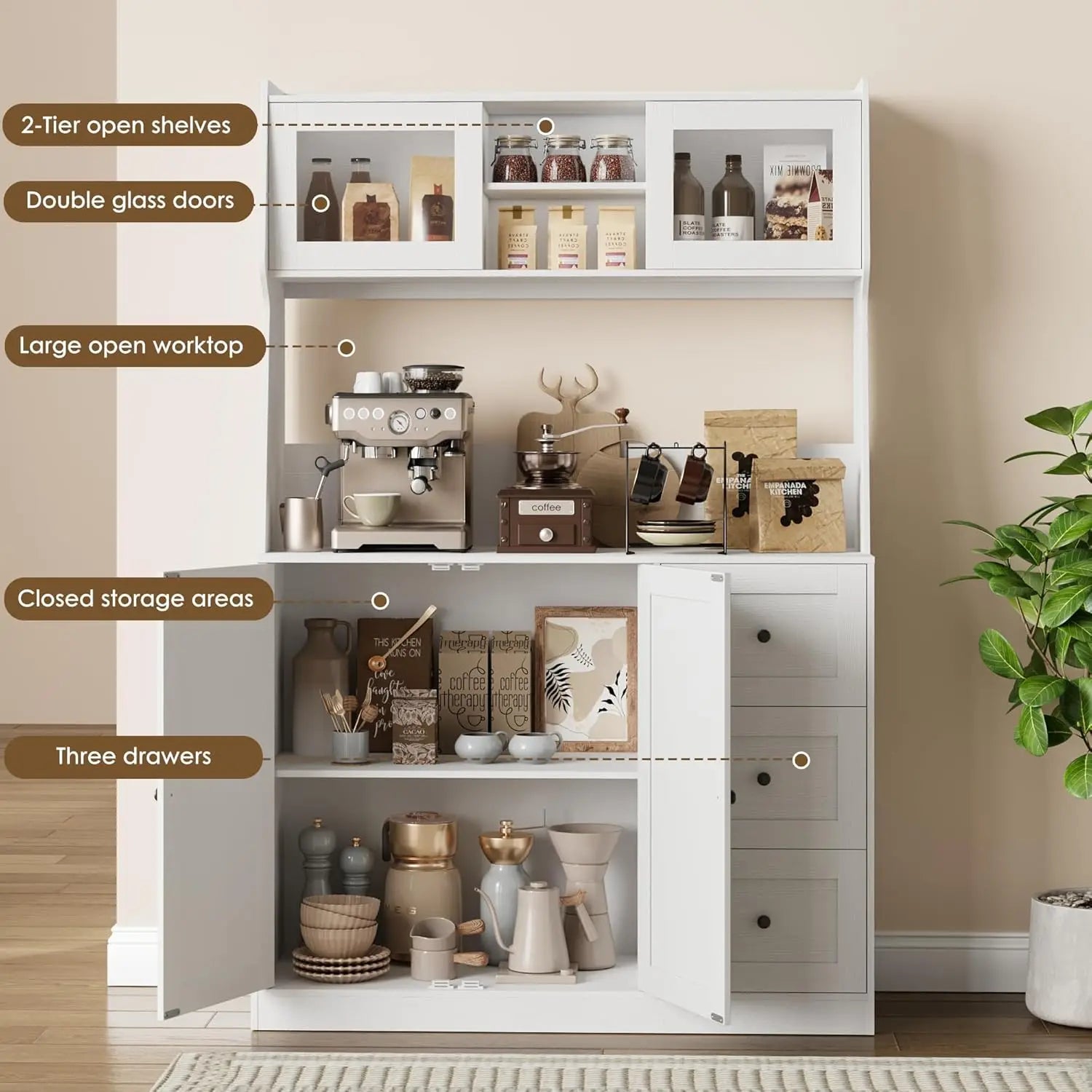 67"Tall Kitchen Pantry Cabinet Buffet Cabinet Sideboard Storage Hutch Cabinet with Drawers & Adjustable Shelves for Dining Room
