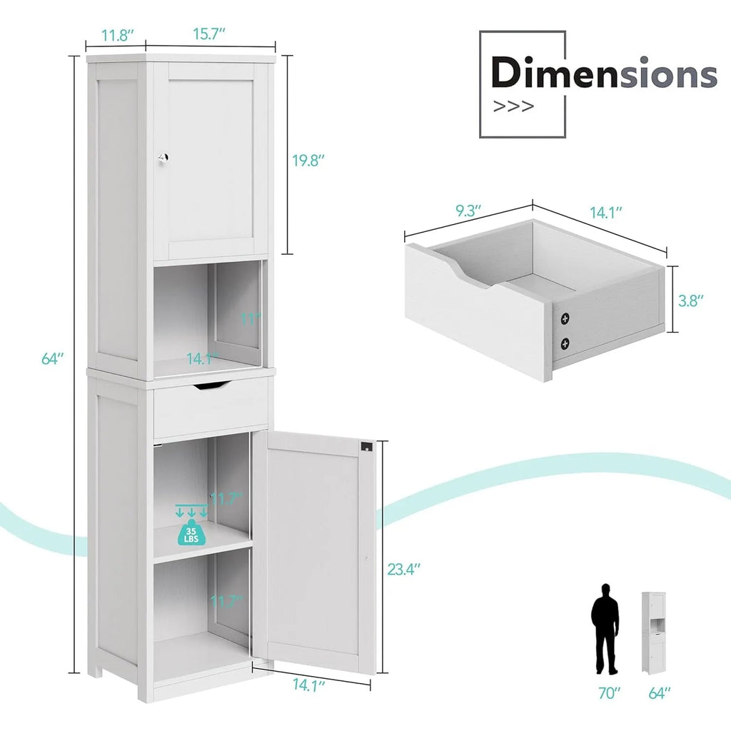 Tall Bathroom Storage Cabinet, 64”H Narrow Storage Unit for Small Spaces, Freestanding Modern Cabinet with Adjustable Shelves