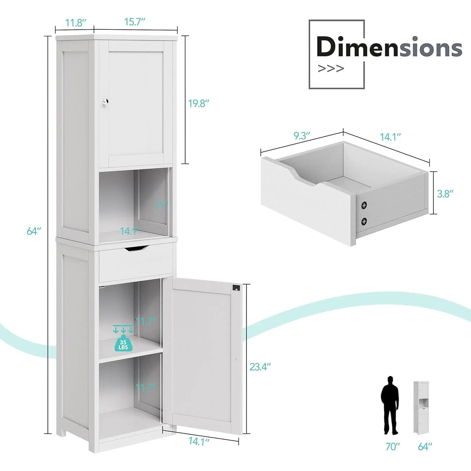 Tall Bathroom Storage Cabinet, 64”H Narrow Storage Unit for Small Spaces, Freestanding Modern Cabinet with Adjustable Shelves
