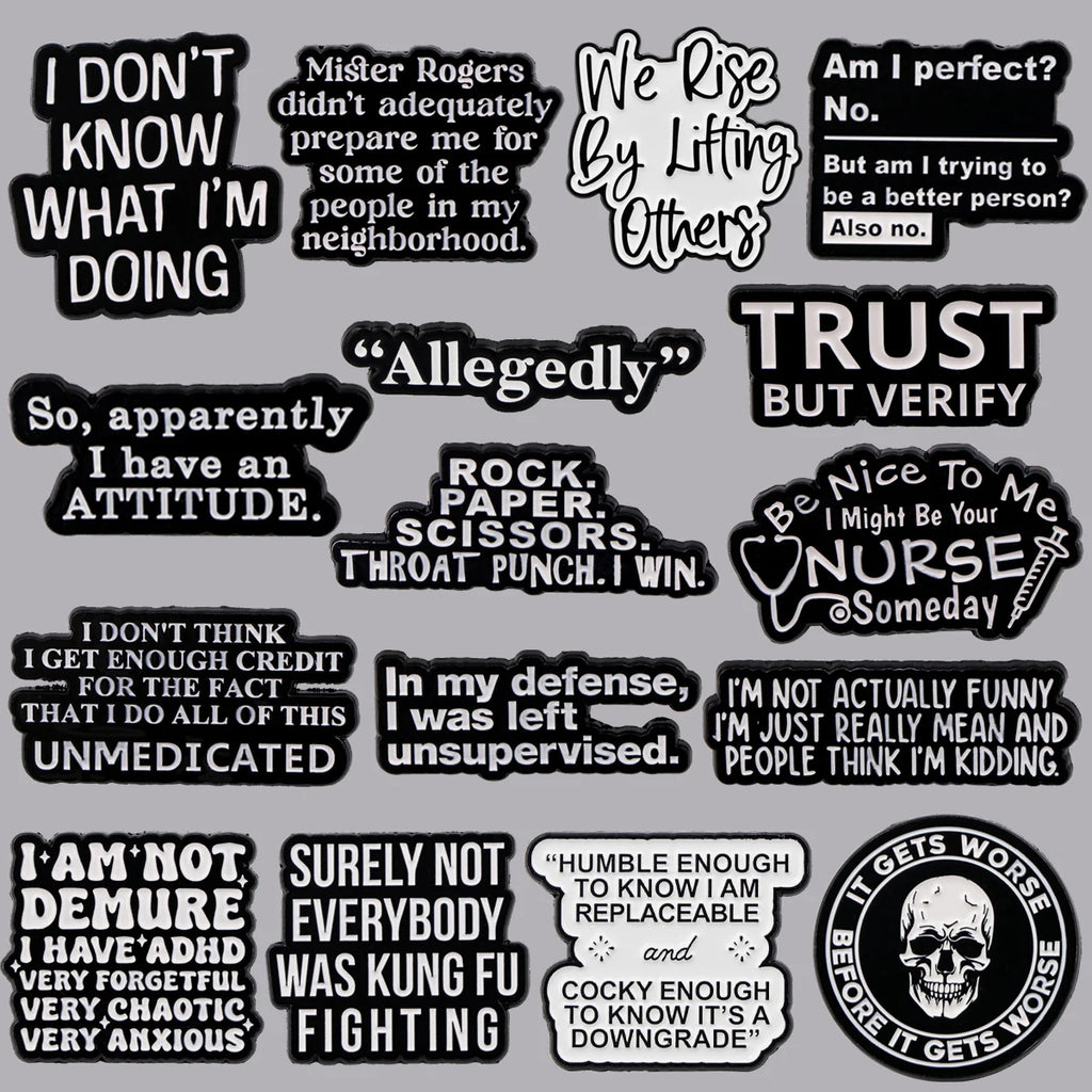 SkeleQuip: Witty Phrase Enamel Pins & Brooches